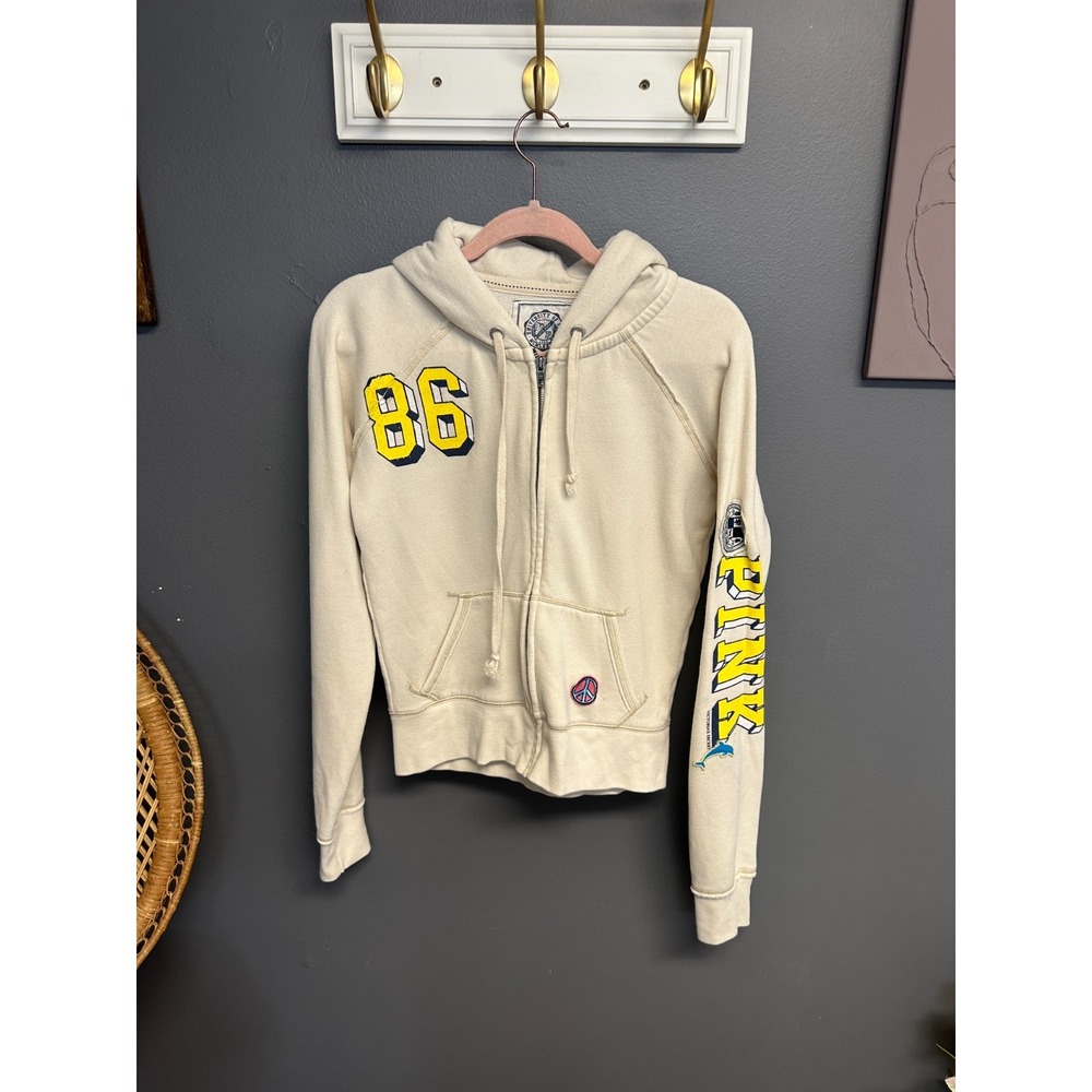 Victoria's Secret PINK Size M Full Zip Hoodie Spellout Logo Patch Cream Varsity